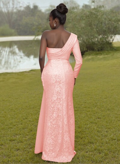 Luxury Beading One-Shoulder Long Sleeves Lace Bridesmaid Dresses With Sweeping Side Drape