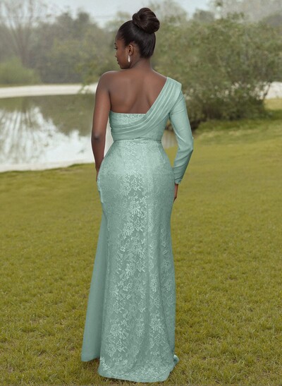 Luxury Beading One-Shoulder Long Sleeves Lace Bridesmaid Dresses With Sweeping Side Drape