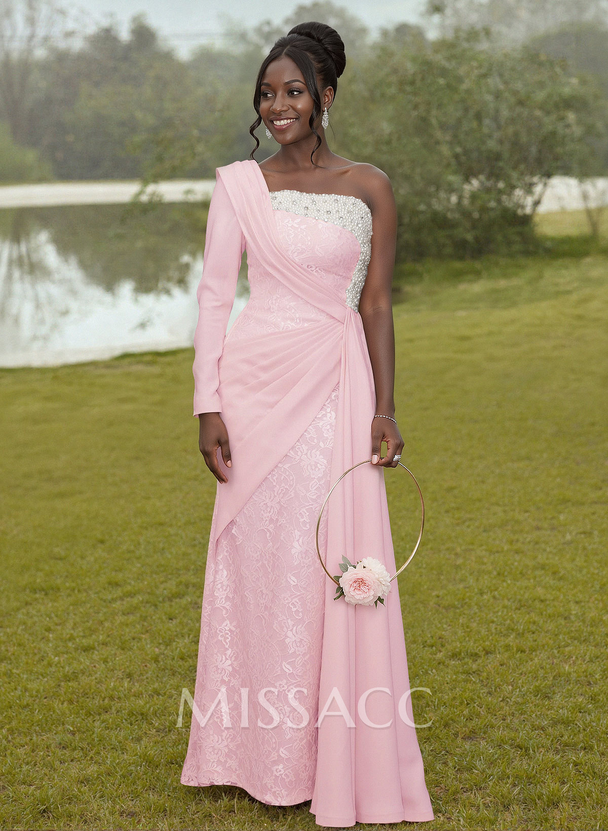 Luxury Beading One-Shoulder Long Sleeves Lace Bridesmaid Dresses With Sweeping Side Drape