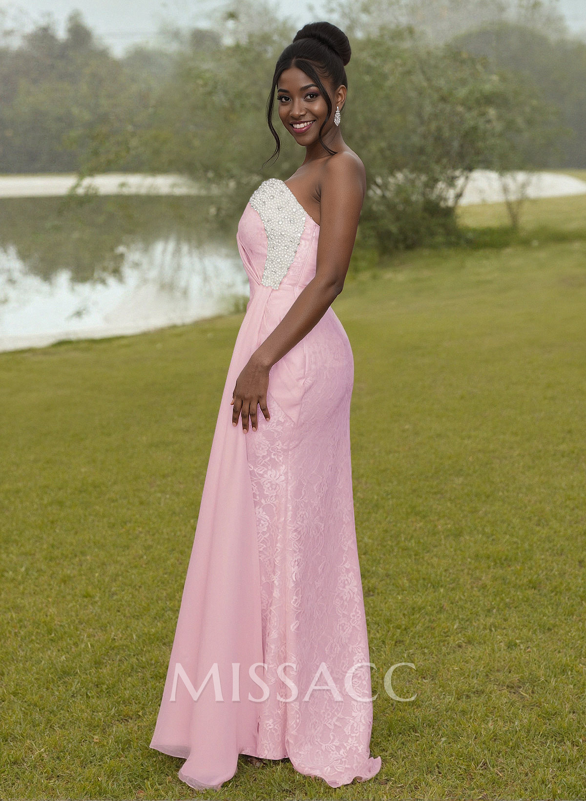 Luxury Beading One-Shoulder Long Sleeves Lace Bridesmaid Dresses With Sweeping Side Drape