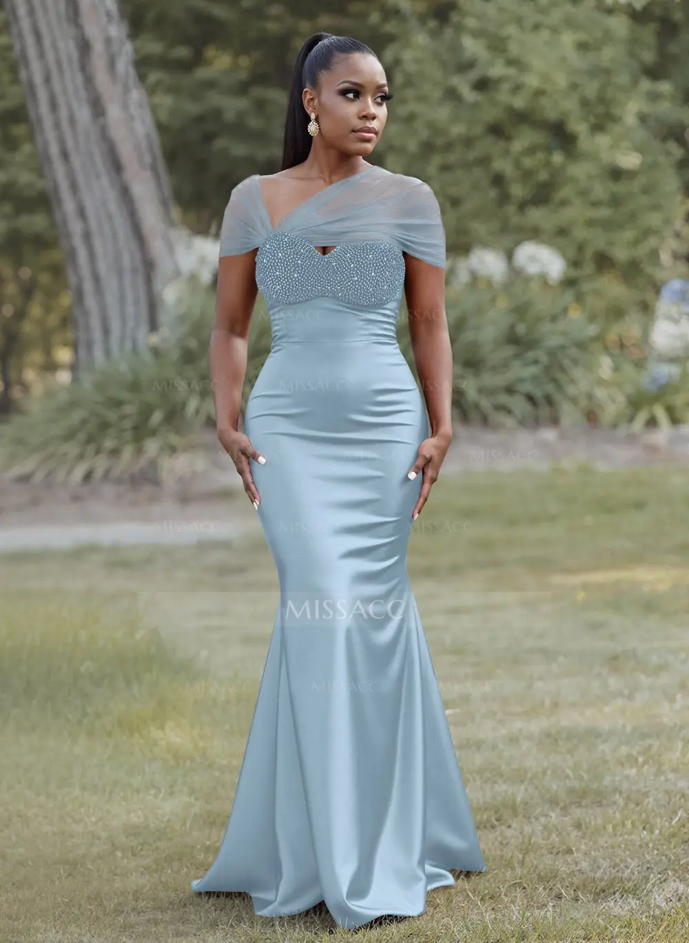 Elegant Trumpet/Mermaid Sweetheart Floor-Length Charmeuse Bridesmaid Dresses  With Beading - Missacc
