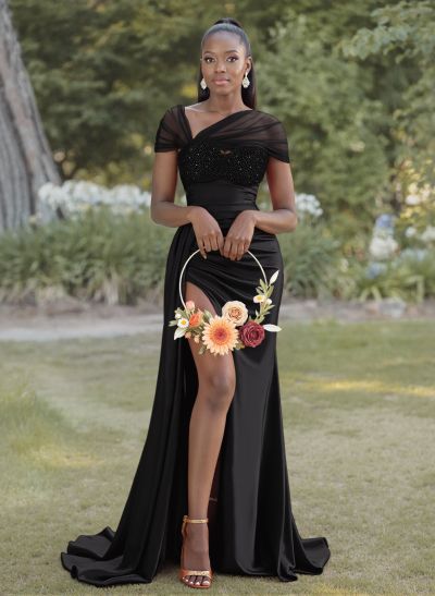 Sheath/Column Sweetheart Sweep Train Satin Bridesmaid Dresses With Beading/High Split