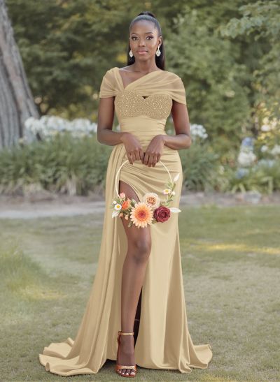Sheath/Column Sweetheart Sweep Train Satin Bridesmaid Dresses With Beading/High Split