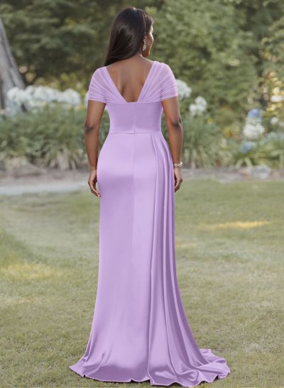 Sheath/Column Sweetheart Sweep Train Satin Bridesmaid Dresses With Beading/High Split