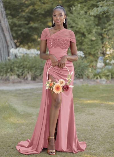 Sheath/Column Sweetheart Sweep Train Satin Bridesmaid Dresses With Beading/High Split