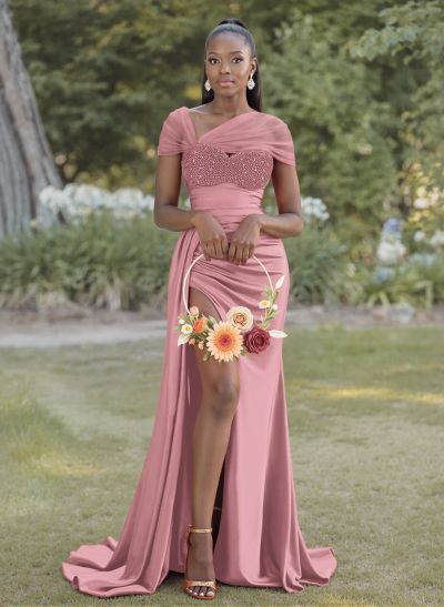 Sheath/Column Sweetheart Sweep Train Satin Bridesmaid Dresses With Beading/High Split