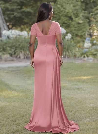 Sheath/Column Sweetheart Sweep Train Satin Bridesmaid Dresses With Beading/High Split