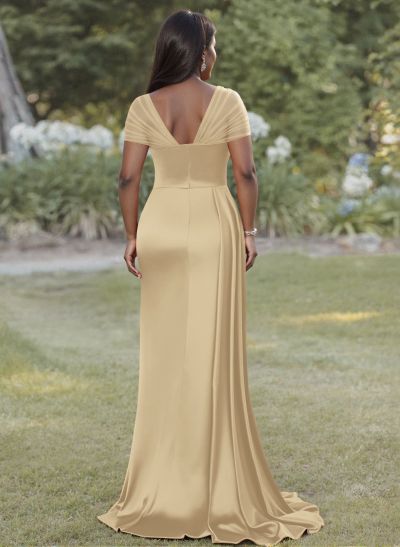 Sheath/Column Sweetheart Sweep Train Satin Bridesmaid Dresses With Beading/High Split