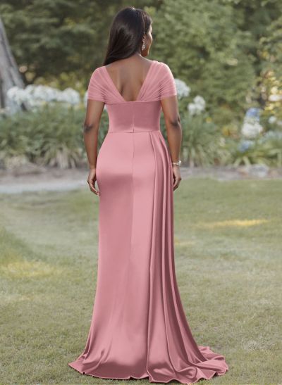 Sheath/Column Sweetheart Sweep Train Satin Bridesmaid Dresses With Beading/High Split