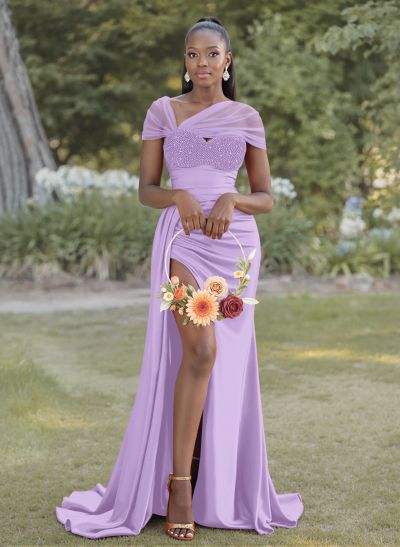 Sheath/Column Sweetheart Sweep Train Satin Bridesmaid Dresses With Beading/High Split