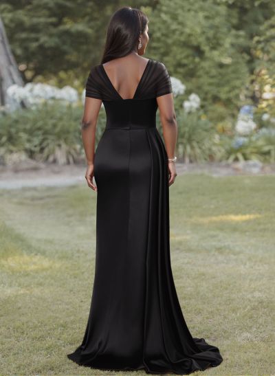 Sheath/Column Sweetheart Sweep Train Satin Bridesmaid Dresses With Beading/High Split