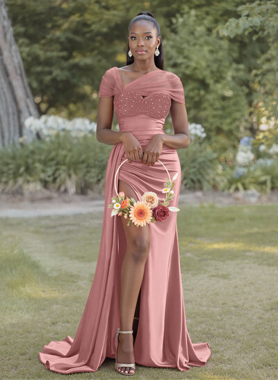 Sheath/Column Sweetheart Sweep Train Satin Bridesmaid Dresses With Beading/High Split