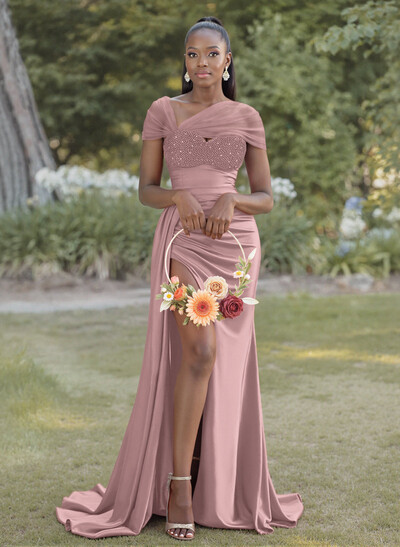 Sheath/Column Sweetheart Sweep Train Satin Bridesmaid Dresses With Beading/High Split