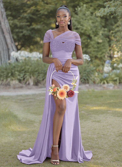 Sheath/Column Sweetheart Sweep Train Satin Bridesmaid Dresses With Beading/High Split