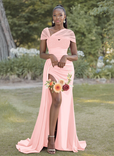 Sheath/Column Sweetheart Sweep Train Satin Bridesmaid Dresses With Beading/High Split