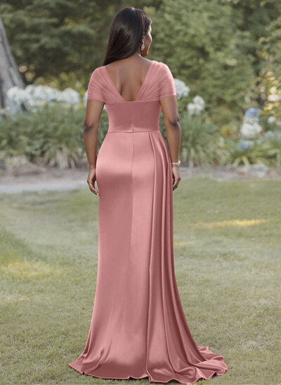 Sheath/Column Sweetheart Sweep Train Satin Bridesmaid Dresses With Beading/High Split
