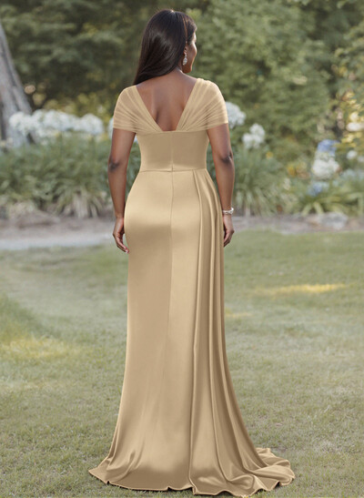 Sheath/Column Sweetheart Sweep Train Satin Bridesmaid Dresses With Beading/High Split