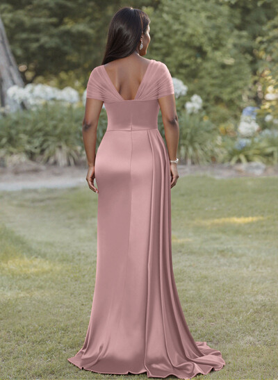 Sheath/Column Sweetheart Sweep Train Satin Bridesmaid Dresses With Beading/High Split
