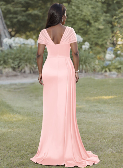 Sheath/Column Sweetheart Sweep Train Satin Bridesmaid Dresses With Beading/High Split