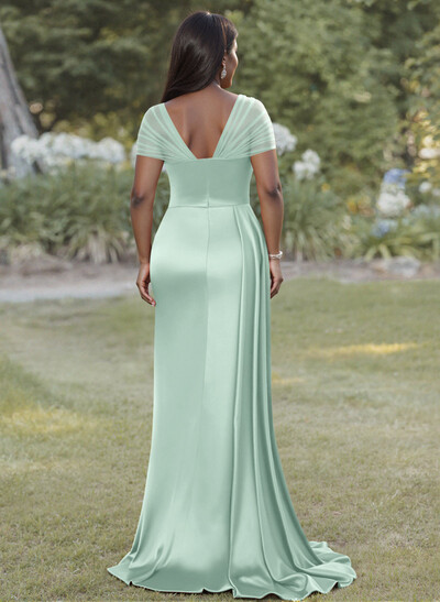 Sheath/Column Sweetheart Sweep Train Satin Bridesmaid Dresses With Beading/High Split