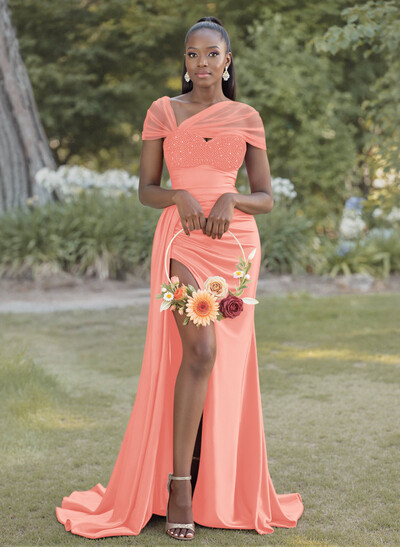 Sheath/Column Sweetheart Sweep Train Stretch Satin Bridesmaid Dresses With Beading/High Split