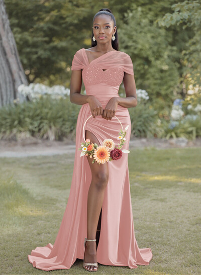 Sheath/Column Sweetheart Sweep Train Stretch Satin Bridesmaid Dresses With Beading/High Split