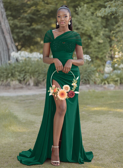 Sheath/Column Sweetheart Sweep Train Stretch Satin Bridesmaid Dresses With Beading/High Split