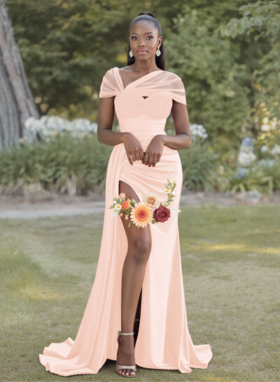 Sheath/Column Sweetheart Sweep Train Stretch Satin Bridesmaid Dresses With Beading/High Split