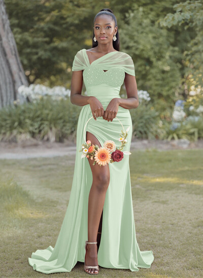 Sheath/Column Sweetheart Sweep Train Stretch Satin Bridesmaid Dresses With Beading/High Split