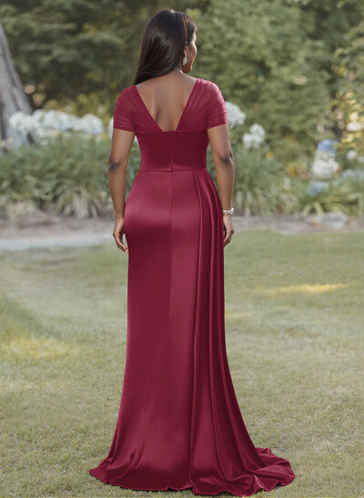 Sheath/Column Sweetheart Sweep Train Stretch Satin Bridesmaid Dresses With Beading/High Split