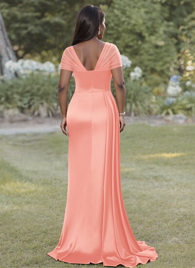 Sheath/Column Sweetheart Sweep Train Stretch Satin Bridesmaid Dresses With Beading/High Split