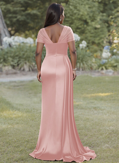 Sheath/Column Sweetheart Sweep Train Stretch Satin Bridesmaid Dresses With Beading/High Split