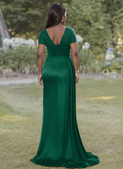 Sheath/Column Sweetheart Sweep Train Stretch Satin Bridesmaid Dresses With Beading/High Split