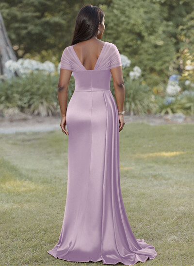 Sheath/Column Sweetheart Sweep Train Stretch Satin Bridesmaid Dresses With Beading/High Split