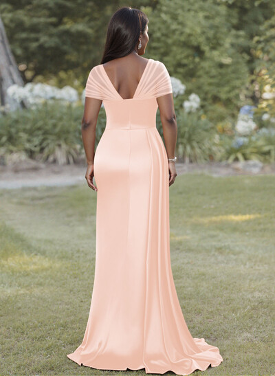 Sheath/Column Sweetheart Sweep Train Stretch Satin Bridesmaid Dresses With Beading/High Split