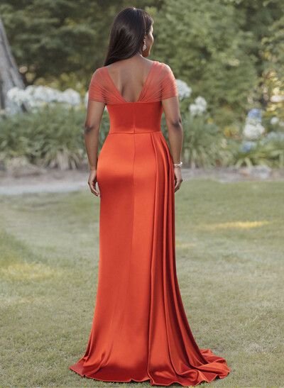 Sheath/Column Sweetheart Sweep Train Stretch Satin Bridesmaid Dresses With Beading/High Split