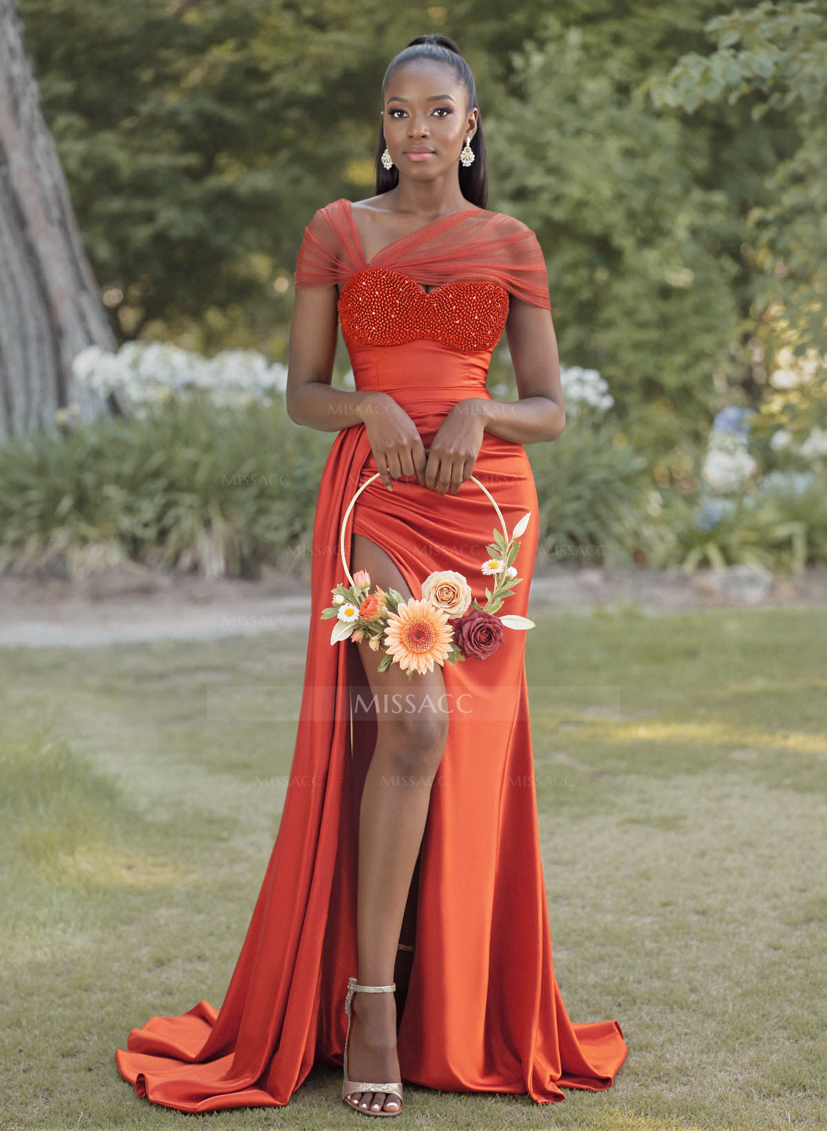 Sheath/Column Sweetheart Sweep Train Stretch Satin Bridesmaid Dresses With Beading/High Split