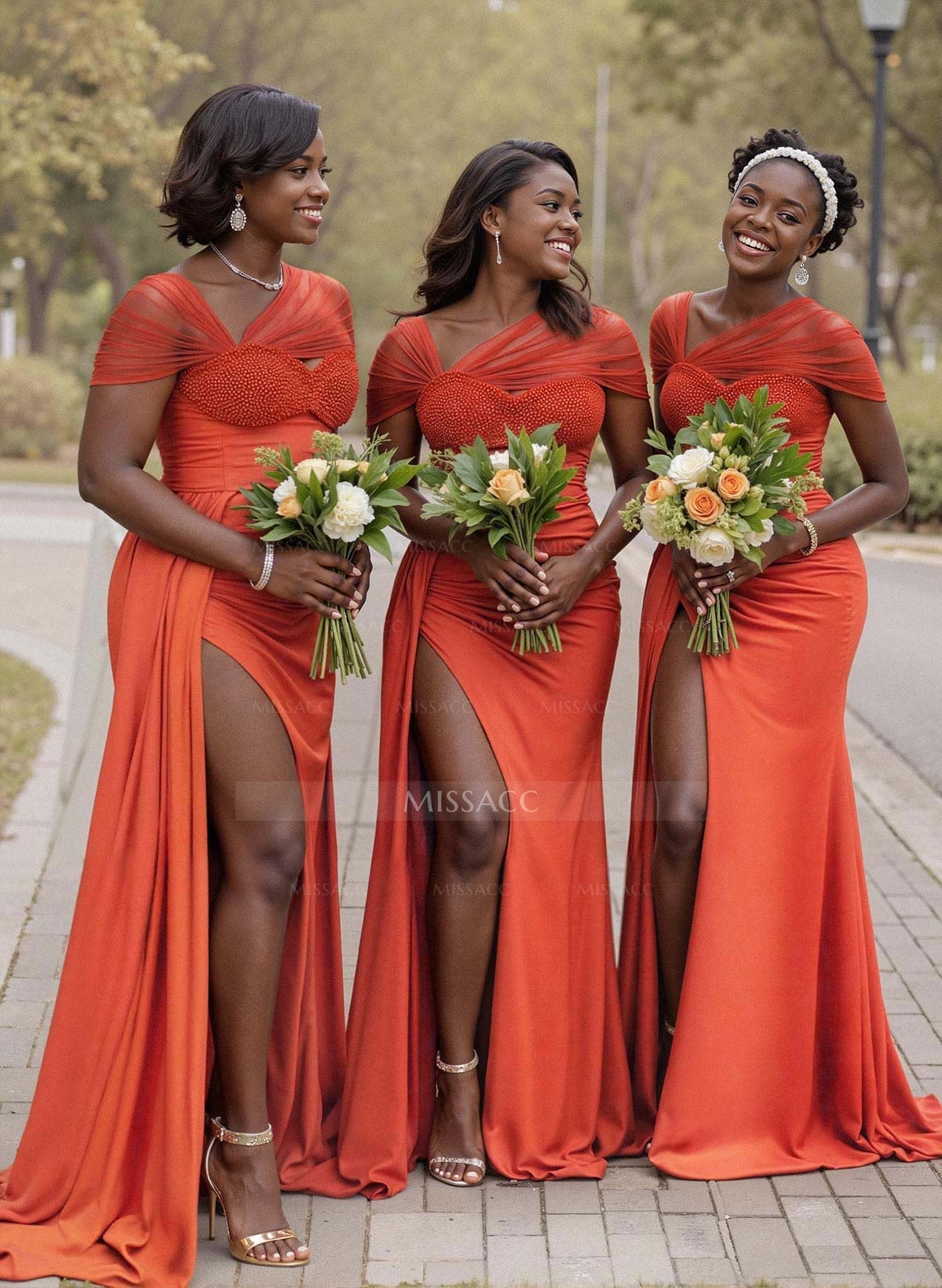 Sheath/Column Sweetheart Sweep Train Stretch Satin Bridesmaid Dresses With Beading/High Split