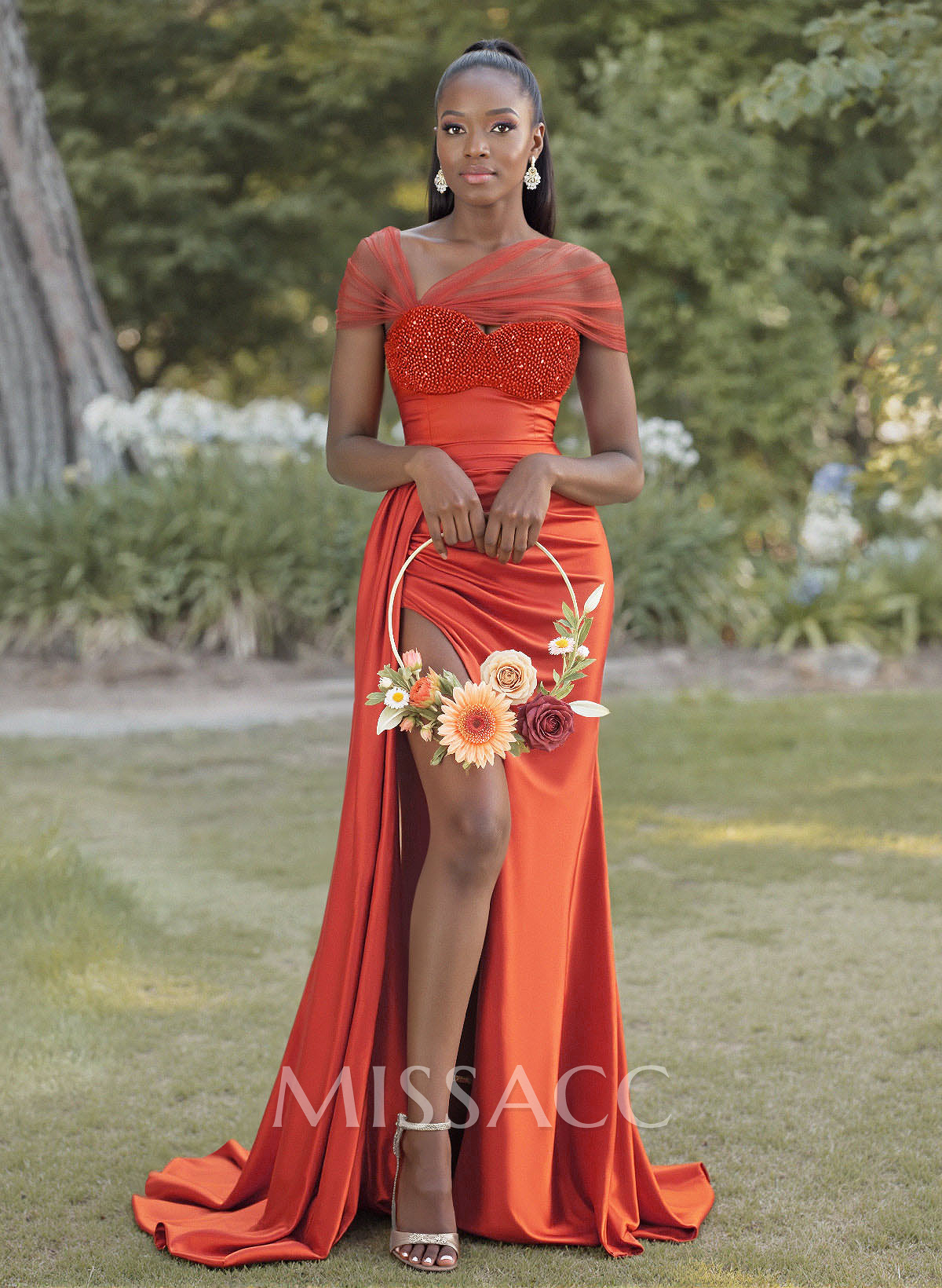 Sheath/Column Sweetheart Sweep Train Stretch Satin Bridesmaid Dresses With Beading/High Split
