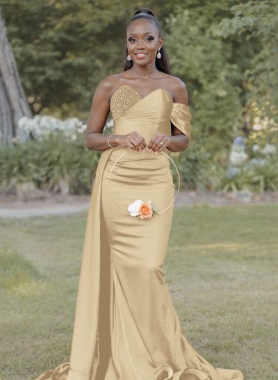 Elegant Trumpet/Mermaid Sweetheart Sweep Train Satin Bridesmaid Dresses With Beading/Sweeping Side Drape