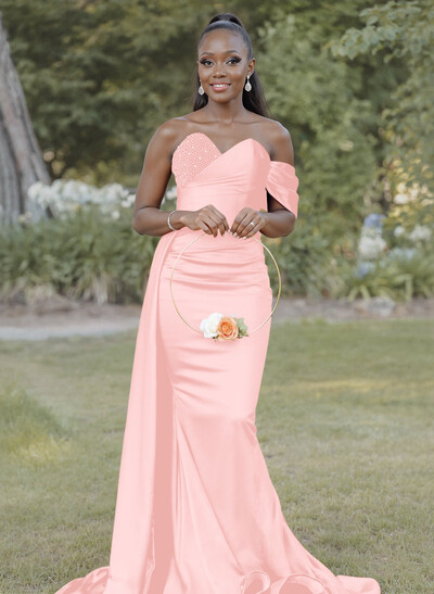 Elegant Trumpet/Mermaid Sweetheart Sweep Train Satin Bridesmaid Dresses With Beading/Sweeping Side Drape