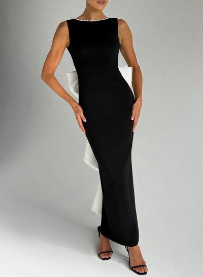 Sheath/Column Square Neckline Sleeveless Ankle-Length Elastic Satin Evening Dresses With Bow(s)/Beading