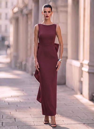 Sheath/Column Square Neckline Sleeveless Ankle-Length Elastic Satin Evening Dresses With Bow(s)/Beading