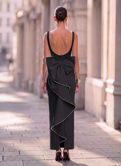 Sheath/Column Square Neckline Sleeveless Ankle-Length Elastic Satin Evening Dresses With Bow(s)/Beading