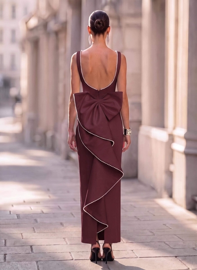 Sheath/Column Square Neckline Sleeveless Ankle-Length Elastic Satin Evening Dresses With Bow(s)/Beading