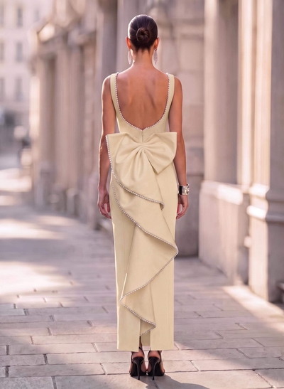 Sheath/Column Square Neckline Sleeveless Ankle-Length Elastic Satin Evening Dresses With Bow(s)/Beading