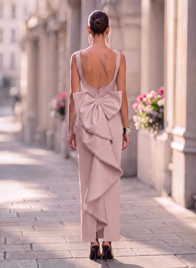 Sheath/Column Square Neckline Sleeveless Ankle-Length Elastic Satin Evening Dresses With Bow(s)/Beading