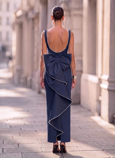 Sheath/Column Square Neckline Sleeveless Ankle-Length Elastic Satin Evening Dresses With Bow(s)/Beading