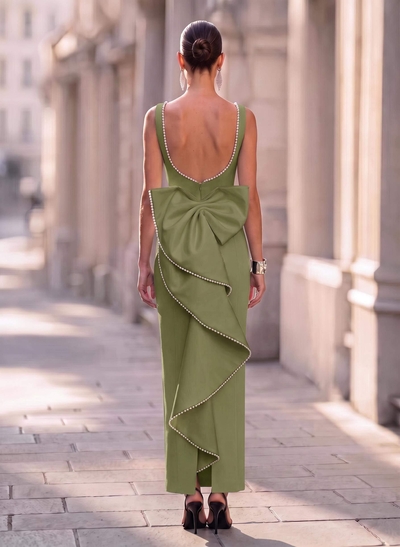 Sheath/Column Square Neckline Sleeveless Ankle-Length Elastic Satin Evening Dresses With Bow(s)/Beading