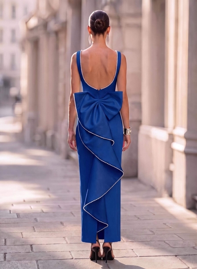 Sheath/Column Square Neckline Sleeveless Ankle-Length Elastic Satin Evening Dresses With Bow(s)/Beading